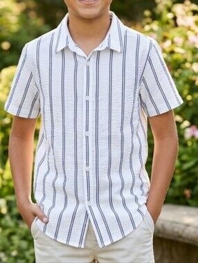 Cactus Boys White & Navy Striped Seersucker Button-Down SZ-11/12
